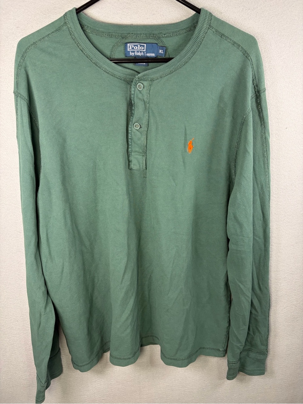 Ralph Lauren Men's Green Long-Sleeve Henley with Orange Pony Logo